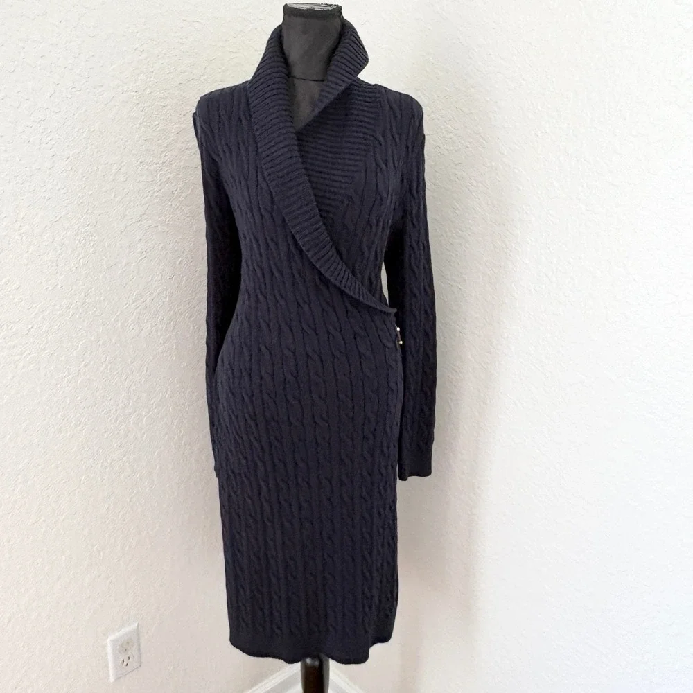 Lauren Ralph Lauren Cable Knit Wrap Dress, Womens Large Navy Blue - Picture 11 of 15